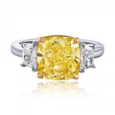 4 25ct Fancy Yellow Cushion Cut Three Stone Diamond Engagement Ring