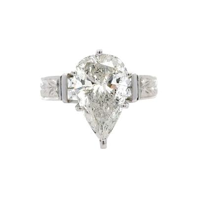 4 86 Carat Pear Cut Diamond 18K White Filigree Vintage Engagement Ring