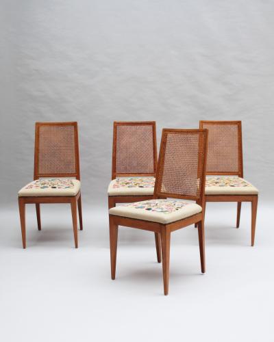 4 Fine French 1940s Cherry Cane and Tapestry Side Chairs
