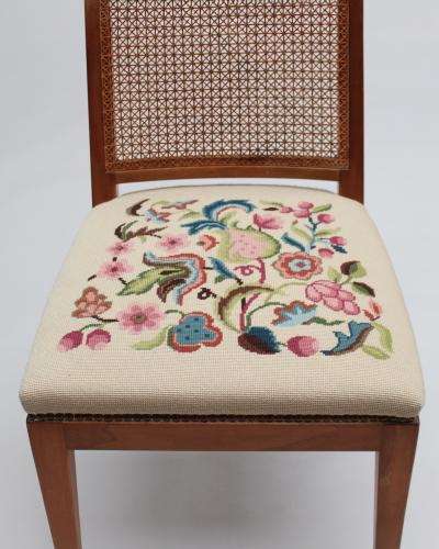 4 Fine French 1940s Cherry Cane and Tapestry Side Chairs