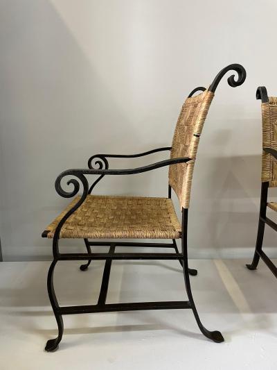 4 Heavy Hand Wrought Iron and Woven Raffia Armchairs