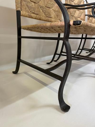 4 Heavy Hand Wrought Iron and Woven Raffia Armchairs