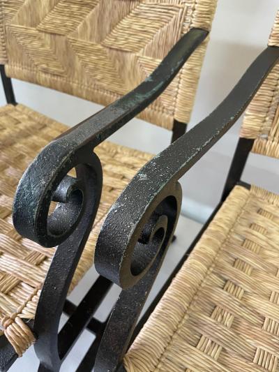 4 Heavy Hand Wrought Iron and Woven Raffia Armchairs