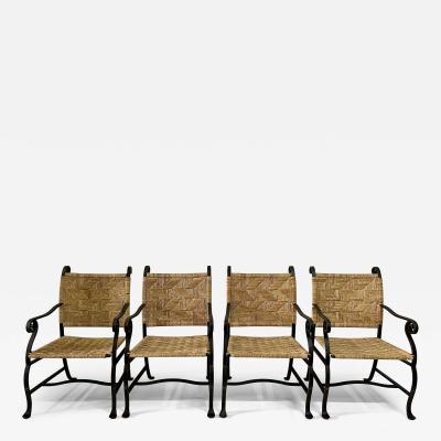4 Heavy Hand Wrought Iron and Woven Raffia Armchairs