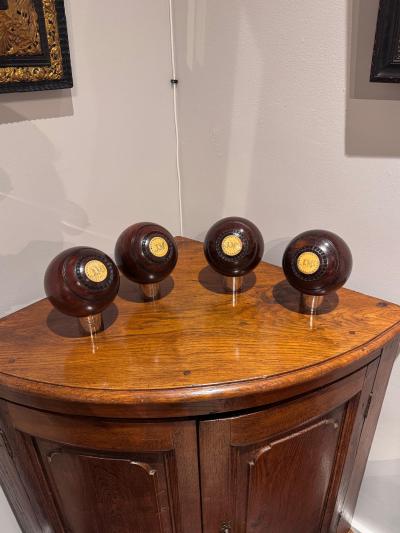 4 Lawn Balls 19th Century Lignum Vitae inlaid numbers Monogram