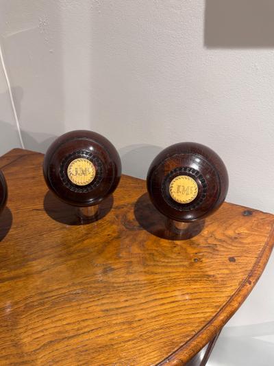 4 Lawn Balls 19th Century Lignum Vitae inlaid numbers Monogram