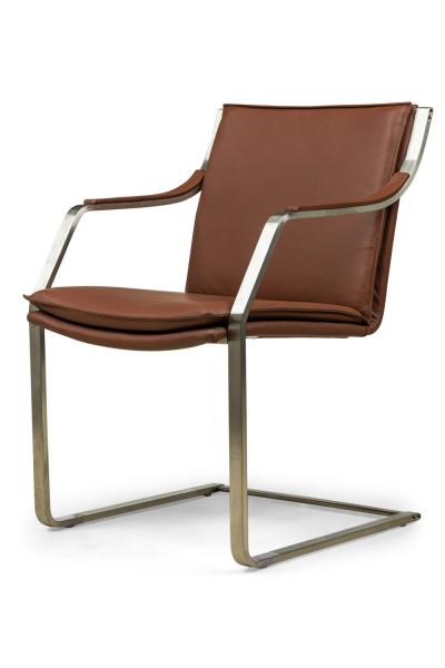 4 Lisbon Contemporary Modern Clay Brown Leather and Polished SIlver Metal Ar