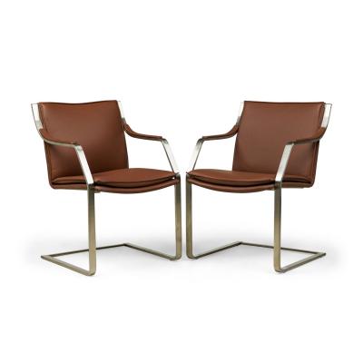 4 Lisbon Contemporary Modern Clay Brown Leather and Polished SIlver Metal Ar