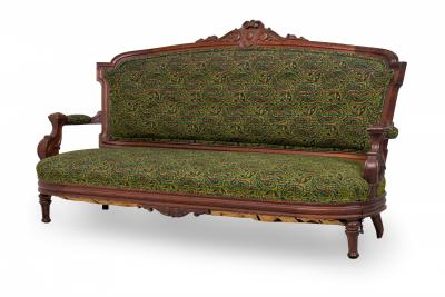 4 Piece Mahogany and Green Paisley Tapestry Upholstered Salon Living Room Set