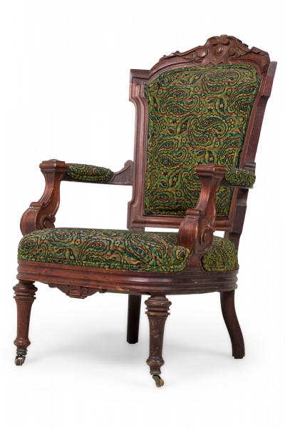 4 Piece Mahogany and Green Paisley Tapestry Upholstered Salon Living Room Set