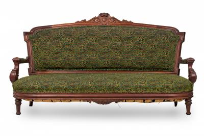 4 Piece Mahogany and Green Paisley Tapestry Upholstered Salon Living Room Set