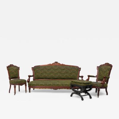 4 Piece Mahogany and Green Paisley Tapestry Upholstered Salon Living Room Set