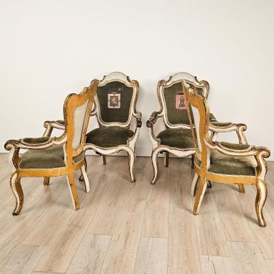 4 Swedish Baroque Painted and Gilt Chairs with Armorial Upholstery circa 1760