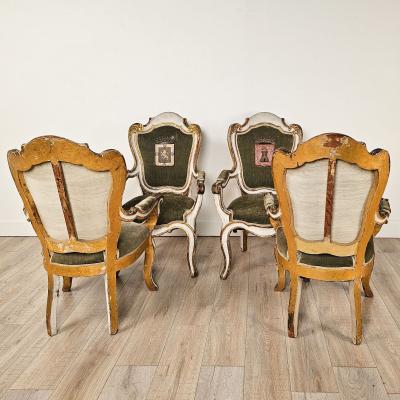 4 Swedish Baroque Painted and Gilt Chairs with Armorial Upholstery circa 1760