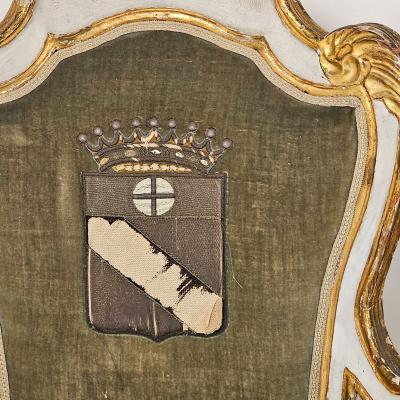 4 Swedish Baroque Painted and Gilt Chairs with Armorial Upholstery circa 1760