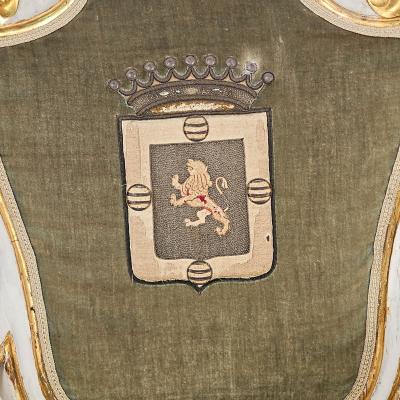 4 Swedish Baroque Painted and Gilt Chairs with Armorial Upholstery circa 1760
