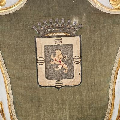 4 Swedish Baroque Painted and Gilt Chairs with Armorial Upholstery circa 1760
