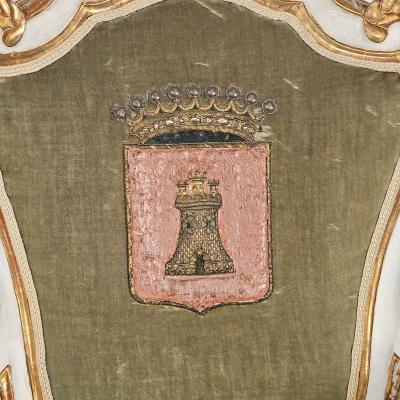 4 Swedish Baroque Painted and Gilt Chairs with Armorial Upholstery circa 1760