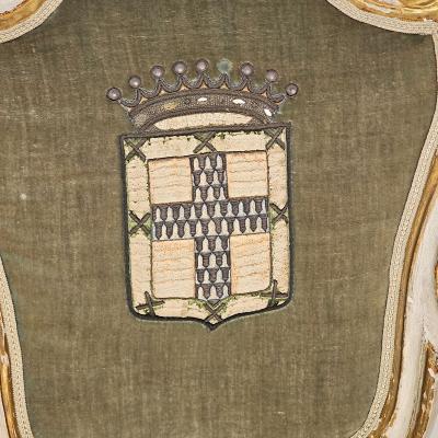 4 Swedish Baroque Painted and Gilt Chairs with Armorial Upholstery circa 1760