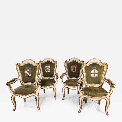 4 Swedish Baroque Painted and Gilt Chairs with Armorial Upholstery circa 1760