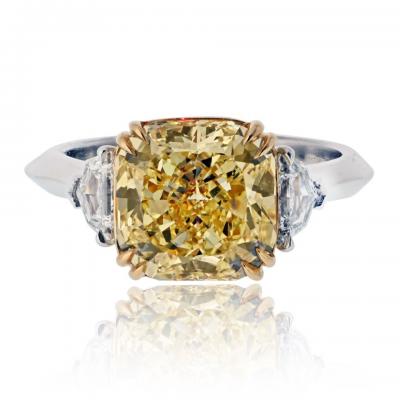 4 carat Radiant Cut Diamond Fancy Intense Yellow GIA Three Stone Engagement Ring