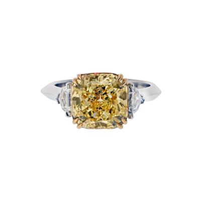 4 carat Radiant Cut Diamond Fancy Intense Yellow GIA Three Stone Engagement Ring