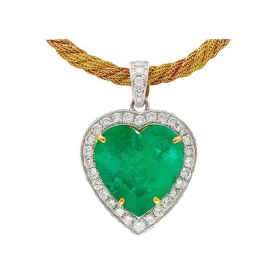 44 Carat Heart Shaped Green Emerald Pendant with Round Cut Diamond Necklace