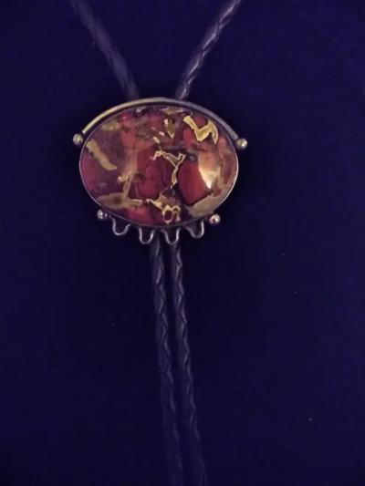 44 Leather Sterling Silver Bolo Tie w Marbled Agate Medallion