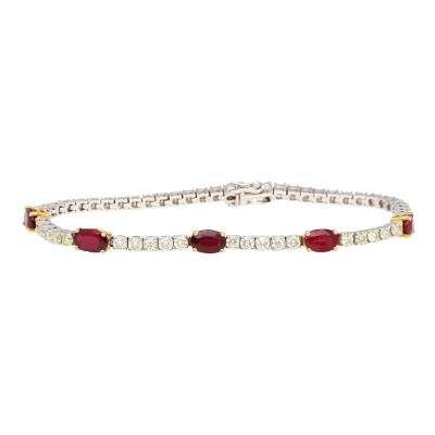 5 54 Carat Oval Cut Ruby and Diamond Tennis Bracelet in Two Tone 18K Gold