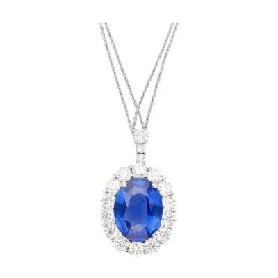 5 83 Carat Oval No Heat Blue Sapphire Diamond Halo Platinum Pendant Necklace