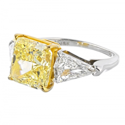 5 CARAT RADIANT CUT DIAMOND FANCY INTENSE YELLOW GIA THREE STONE ENGAGEMENT RING
