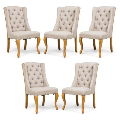 5 Mid Century American Button Tufted Gray Weave Upholstered Wing Dining Chairs