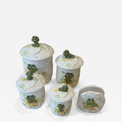 5 PIECE WHIMSICAL CERAMIC FROG AND LILY PAD KITCHEN CANNISTER SET