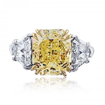 5 carat Radiant Cut Diamond Fancy Yellow GIA Three Stone Diamond Engagement Ring