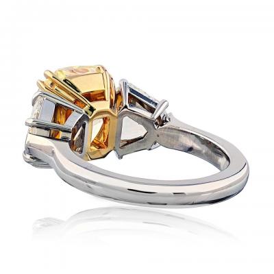 5 carat Radiant Cut Diamond Fancy Yellow GIA Three Stone Diamond Engagement Ring