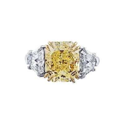 5 carat Radiant Cut Diamond Fancy Yellow GIA Three Stone Diamond Engagement Ring