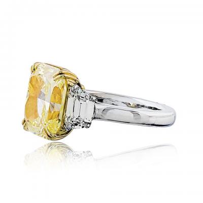 5 carat Radiant Cut Fancy Intense Yellow Three Stone Diamond Engagement Ring