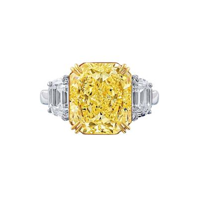 5 carat Radiant Cut Fancy Intense Yellow Three Stone Diamond Engagement Ring