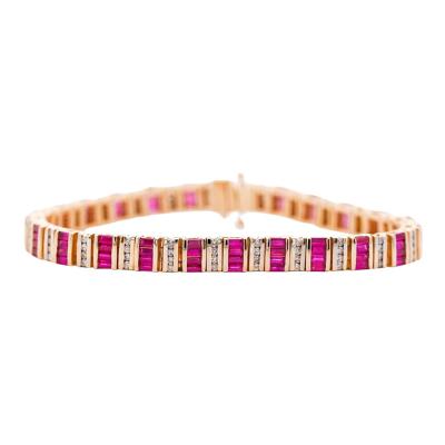 6 Carat Baguette Cut Ruby Diamond 14K Gold Link Bracelet