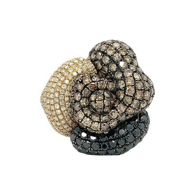 6 Carat TW Black Brown White Diamond Cluster Flower Ring in 18K Yellow Gold