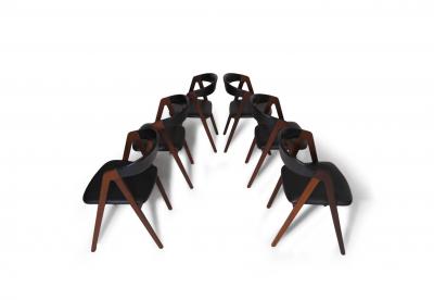 6 Danish A frame Walnut Dining Chairs in Original Black Vinyl