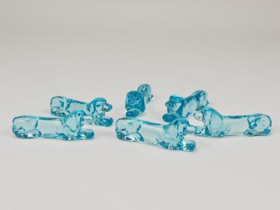 6 French Art Deco Dachshund Basset Hound Knife Rests Light Blue Glass 1930s