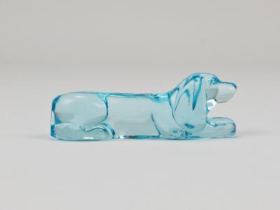 6 French Art Deco Dachshund Basset Hound Knife Rests Light Blue Glass 1930s