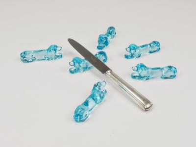 6 French Art Deco Dachshund Basset Hound Knife Rests Light Blue Glass 1930s