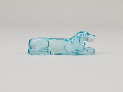 6 French Art Deco Dachshund Basset Hound Knife Rests Light Blue Glass 1930s