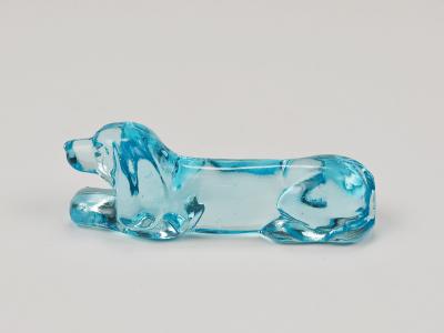 6 French Art Deco Dachshund Basset Hound Knife Rests Light Blue Glass 1930s