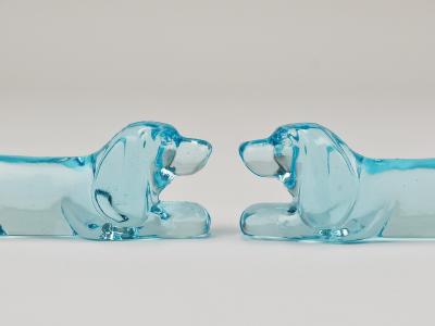 6 French Art Deco Dachshund Basset Hound Knife Rests Light Blue Glass 1930s
