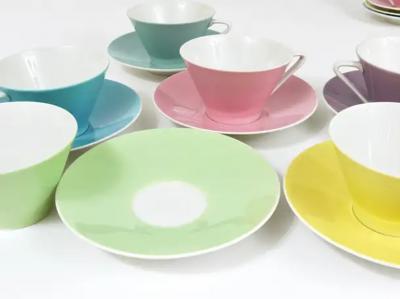 6 Midcentury Pastel Daisy Porcelain Coffee Cups Lilien Austria 1950s