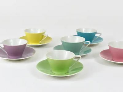 6 Midcentury Pastel Daisy Porcelain Espresso Coffee Cups Lilien Austria 1950s