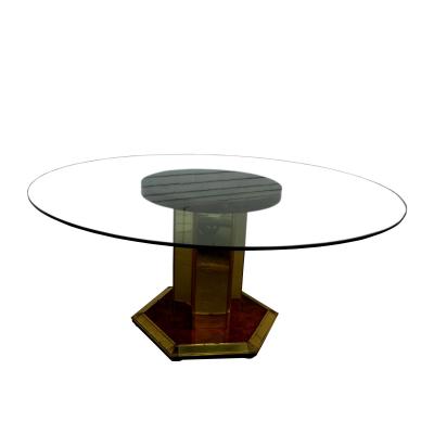 60 Henredon Round Brass Burl Wood Glass Top Center Dining Table hold